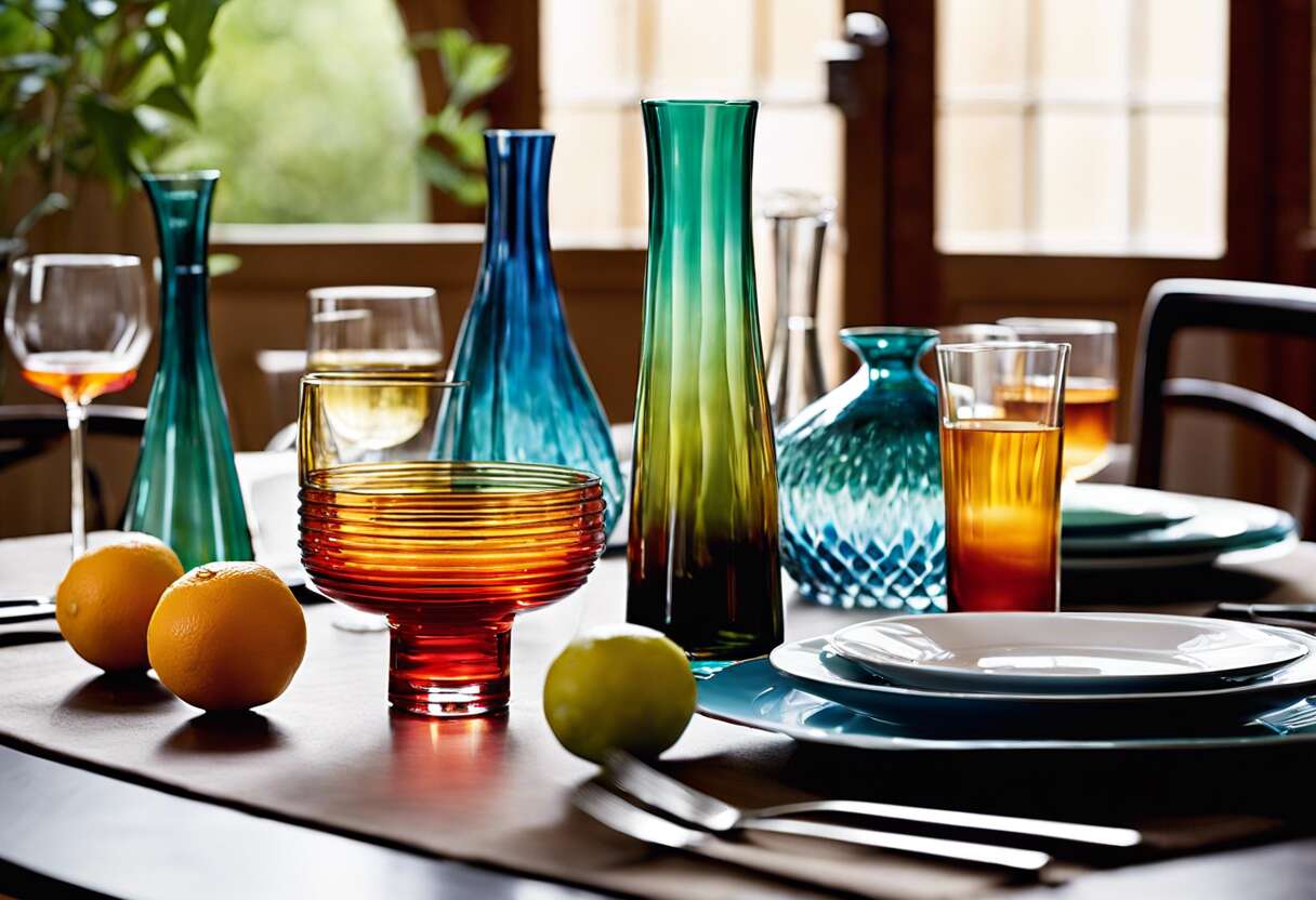 Harmonie des matériaux : verre coloré, cristal clair et céramique fine
