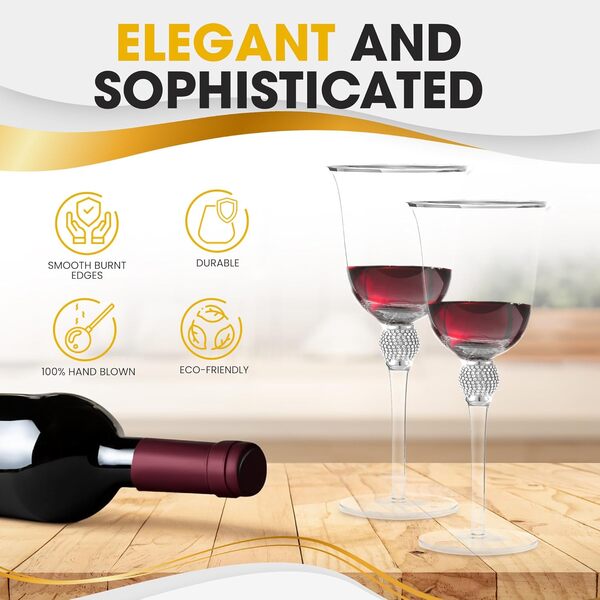 Lot de 6 verres à vin de qualité supérieure – Verre à vin en cristal à longue tige avec bord argenté et motif strass – 532 ml