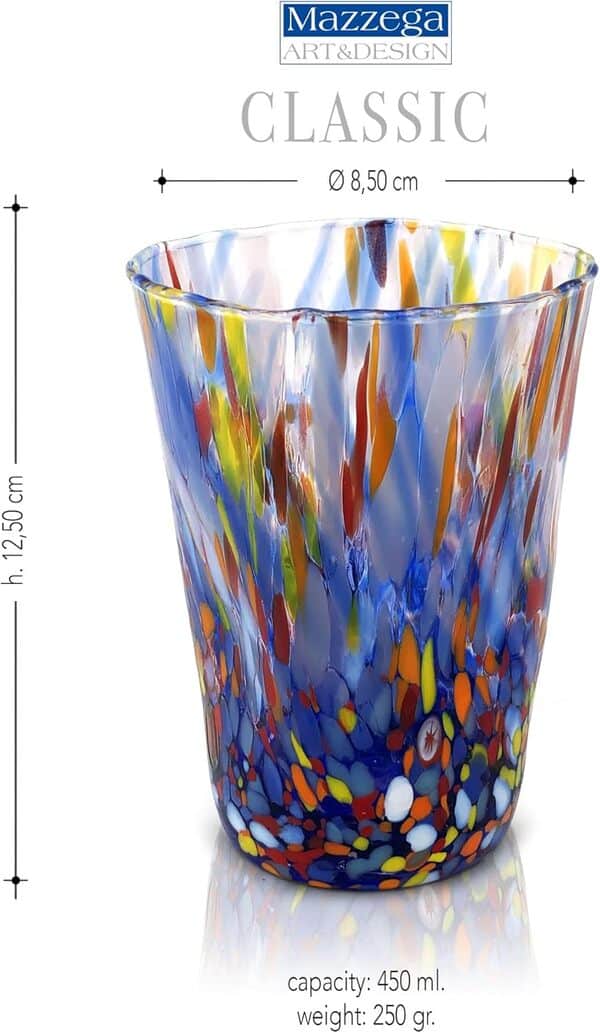 MAZZEGA ART & DESIGN - 6 Verres à boisson en verre soufflé et travaillés à la main avec des murrines Murano raffinées et originales - Les couleurs de Murano - Modèle 450 ml. Fabriqué en Italie.
