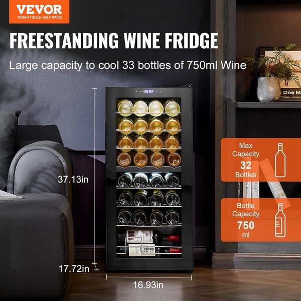 VEVOR Cave à Vin 32 Bouteilles, Réfrigérateur à Vin à Double Zone et à Double Température, Frigo Vin avec Commande Numérique, Porte en Verre Trempé avec Protection UV, Stockage de Vin Rouge et Blanc