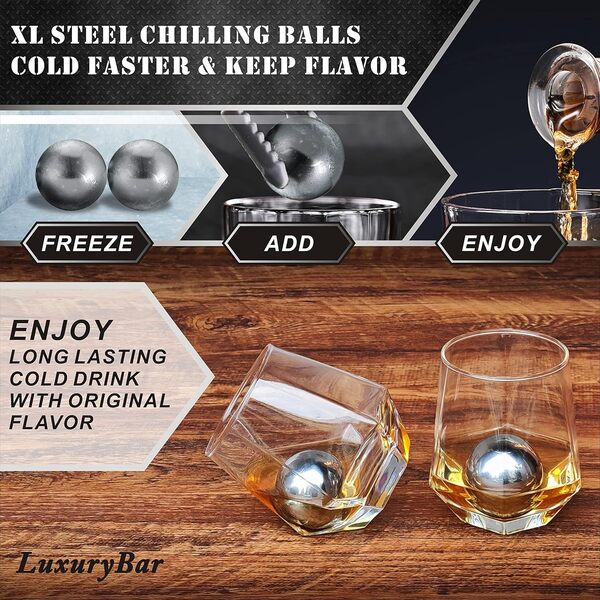 LuxuryBar Ensemble de carafes à whisky en diamant pour homme avec boule de refroidissement et plateau, distributeur de liqueur, décanteur à bourbon, ensemble de whisky cadeau pour homme