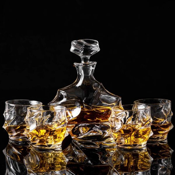 KANARS Carafe et Verres à Whisky, 750 ml Bouteille avec 4x 320 ml Verre à Whiskey pour Scotch, Martini, Whisky, Cognac, Décanter Cristal, Belle Boîte Cadea, Lot de 5 Pièces