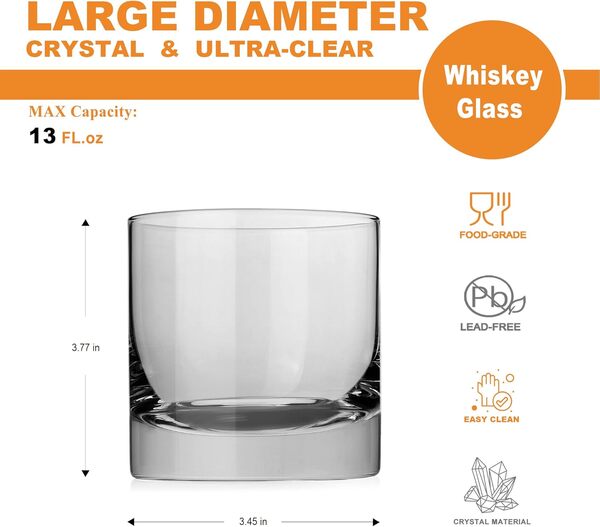 LUXU Lot de 2 grands verres à whisky en cristal, 368,5 g, base lourde, verres à base lourde, verres à whisky pour boire bourbon, scotch, cocktails, cognac