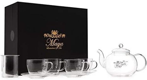 Maya Coffret à accessoires de thé luxueux avec théière en verre de 40 ml.), infuseur, 4 tasses à thé et 4 soucoupes pour fleurs et sachets de thé en vrac : fabriqué en verre borosilicate durable.