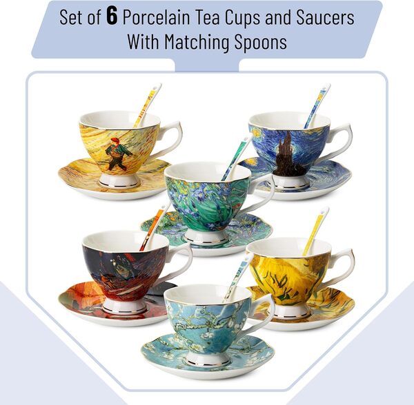BTaT - Lot de 6 tasses à thé et soucoupes (237 ml) en porcelaine, service à thé avec cuillère, tasses à thé et soucoupes en porcelaine