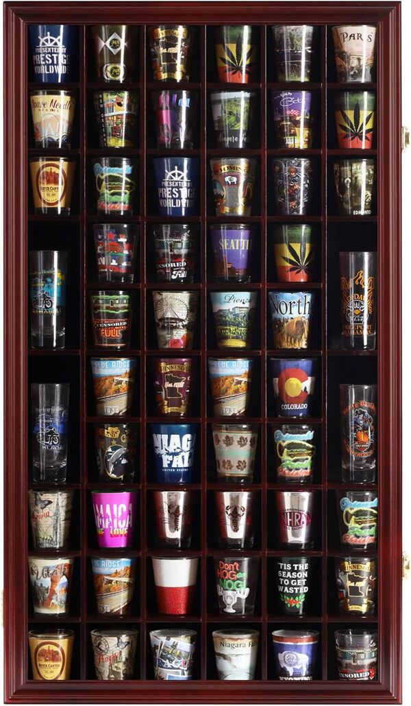 56 Shot Glass Shooter Display Case Holder Cabinet Wall Rack with DOOR, Cherry Finish by DisplayGifts