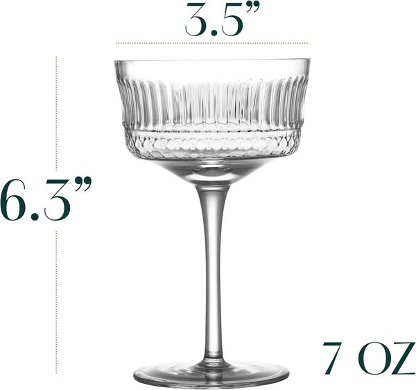 GLASSIQUE CADEAU Vintage Ritzy Lot de 4 verres à cocktail et champagne en cristal à longue tige pour boire Martini, Cosmopolitan, Manhattan | Soucoupes rétro