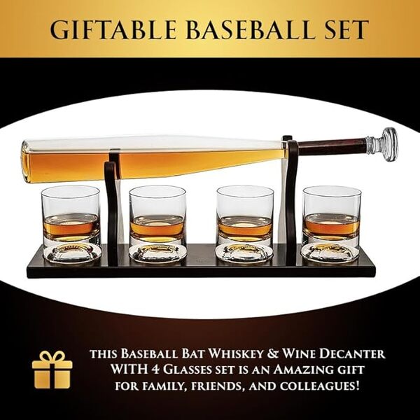 Carafe à whisky et à vin de baseball, 4 verres à whisky de baseball, décanteur de baseball fabriqué pour le whisky, ensemble de carafe à spiritueux – Carafe à décanter avec une chauvesouris, le