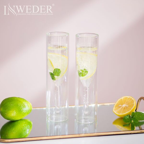 Lot de 2 flûtes à champagne sans pied en cristal - Verres à prosecco à double paroi - Verres à vin classiques en forme de tulipe - Verre transparent soufflé à la main pour cadeaux de mariage, fêtes,