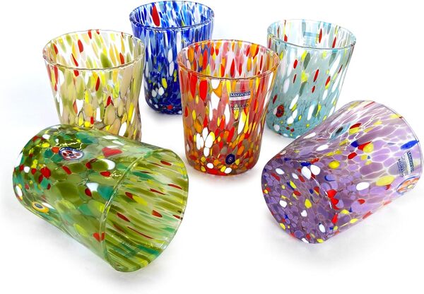 MAZZEGA ART & DESIGN - Verres Tumbler Colombina en Verre Soufflé et Travaillés à la Main avec des Murrines de Murano, ligne « Les Couleurs de Murano » 350 ml. Fabriqué en Italie. (6, MIX+BOX)