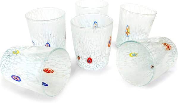 MAZZEGA ART & DESIGN - Verres Tumbler Blancs en Verre Soufflé et Travaillés à la Main avec des Murrines de Murano, ligne « Les Couleurs de Murano » 350 ml. Fabriqué en Italie. (6, BIANCO+BOX)
