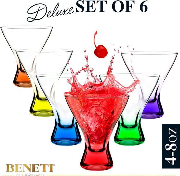 Lot de 6 verres à martini de qualité supérieure - 200 ml - Avec base colorée attrayante - Élégants verres colorés pour cocktails, martini, cosmopolitan - Pour Manhattan, brandy, etc.