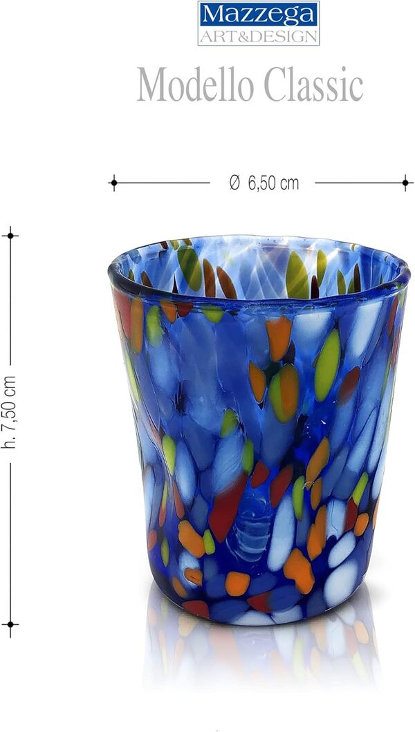 MAZZEGA ART & DESIGN - 6 verres à café en verre soufflés et travaillés à la main avec Murrine di Murano, ligne « Les couleurs de Murano » 140 ml Made in Italy (CAFÉ CLASSIC, 6)
