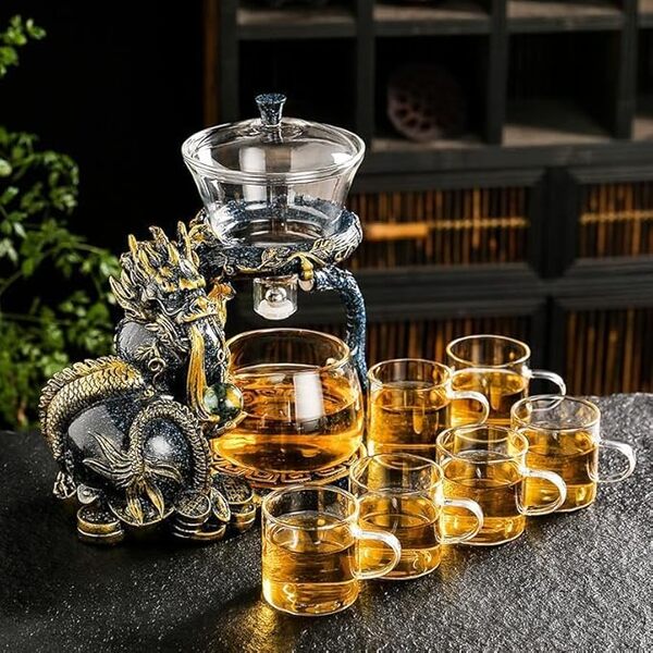 Service à thé semi-automatique en verre avec infuseur et 6 petites tasses (dragon bleu doré)
