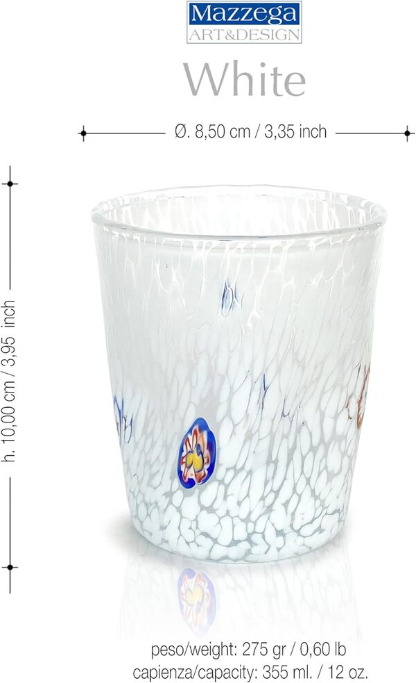MAZZEGA ART & DESIGN - Verres Tumbler Blancs en Verre Soufflé et Travaillés à la Main avec des Murrines de Murano, ligne « Les Couleurs de Murano » 350 ml. Fabriqué en Italie. (6, Blanc)