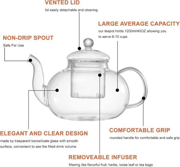 GURUDAR Théière en verre de 1200 ml - Passe au lave-vaisselle - Avec 4 tasses à thé à double paroi, infuseur à thé en vrac et chauffe-thé - Passe au lave-vaisselle - Coffret cadeau pour femme