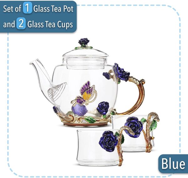 BTaT- Service à thé en verre floral, 2 tasses fantaisie, théière en verre, théière en verre, petit ensemble à thé en verre pour adultes, ensemble de théière en verre, tasse à thé en verre, jolie tasse