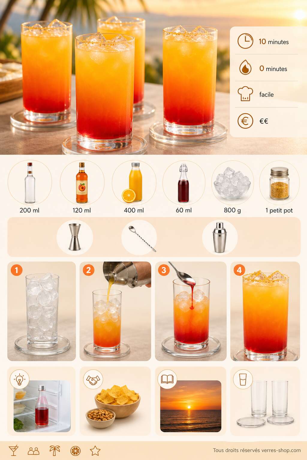 Fiche recette Recette de cocktail : le sunrise on the Beach, un coucher de soleil en verre Fiche recette Recette de cocktail : le sunrise on the Beach, un coucher de soleil en verre