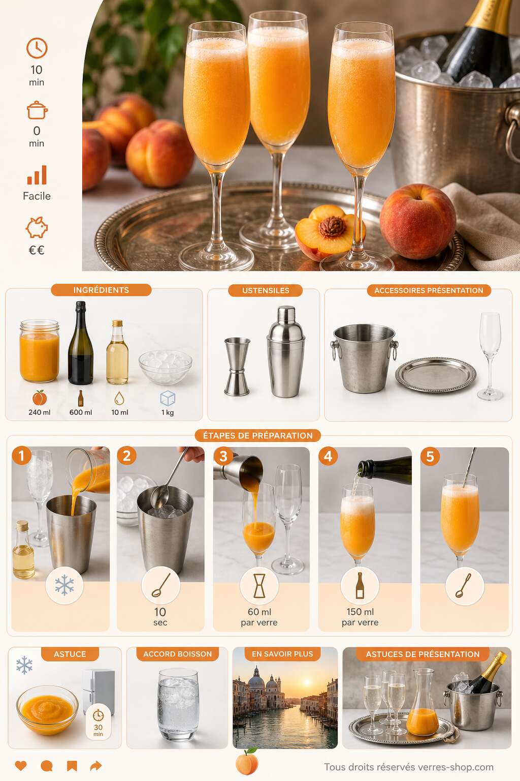 Fiche recette Recette classique du cocktail Bellini &agrave; la p&ecirc;che