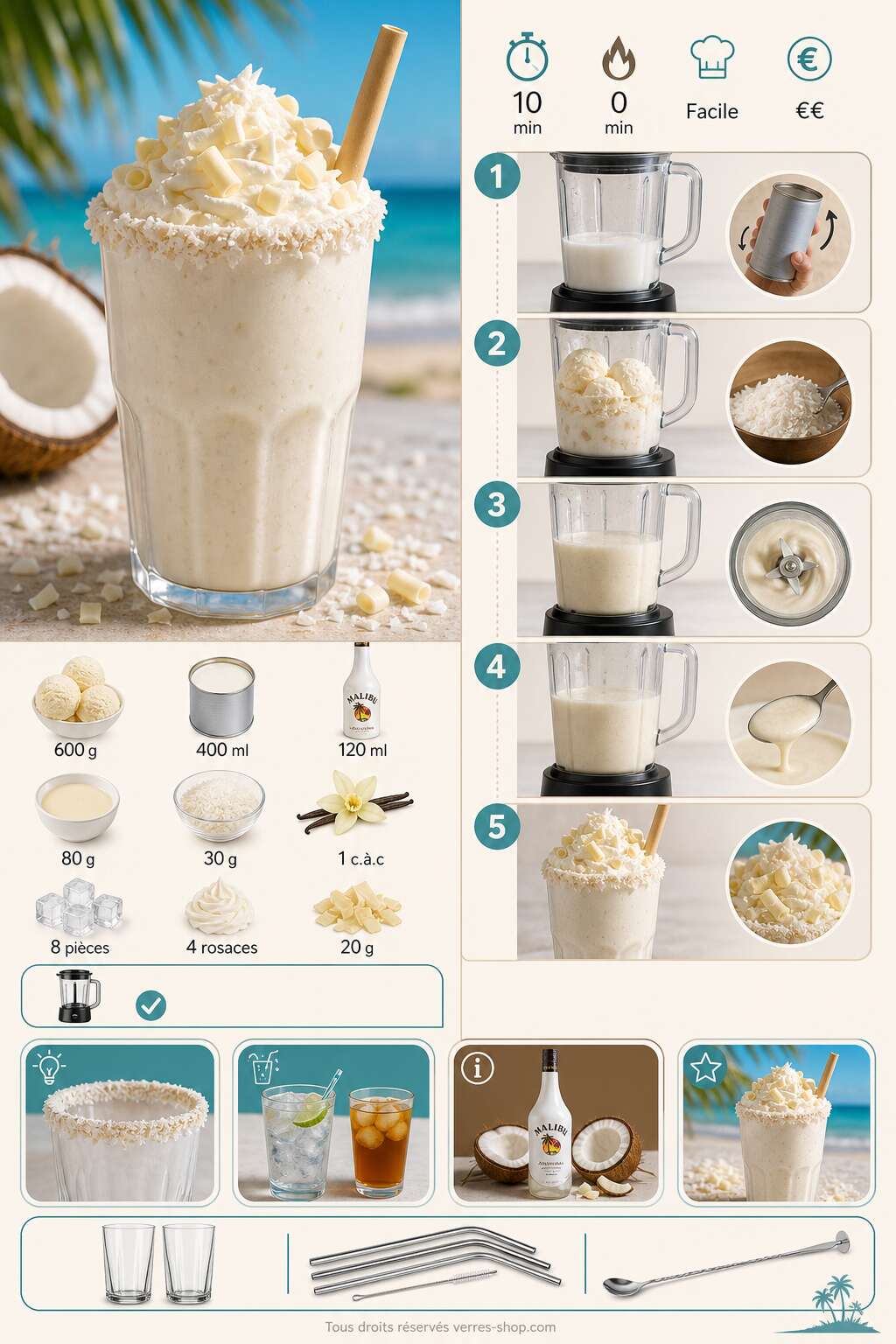 Fiche recette Recette du milkshake &agrave; la noix de coco et au Malibu