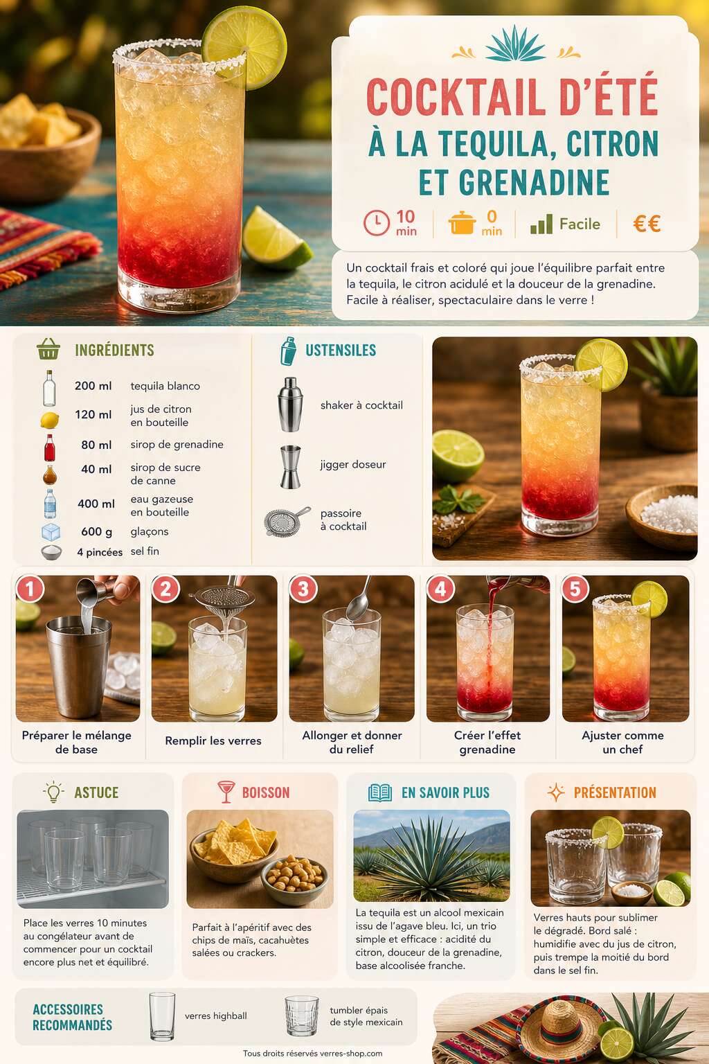 Fiche recette Recette de cocktail d'été à la tequila, citron et grenadine Fiche recette Recette de cocktail d'été à la tequila, citron et grenadine