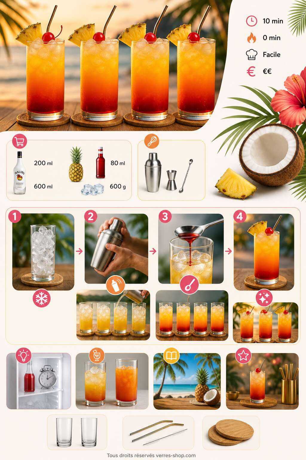 Fiche recette Recette du Malibu sunrise : le cocktail tropical facile à réaliser Fiche recette Recette du Malibu sunrise : le cocktail tropical facile à réaliser