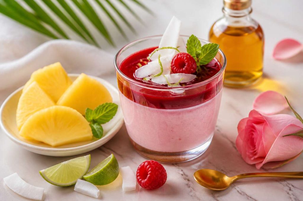 Recette de piña colada revisitée : mousse de framboise et eau de rose