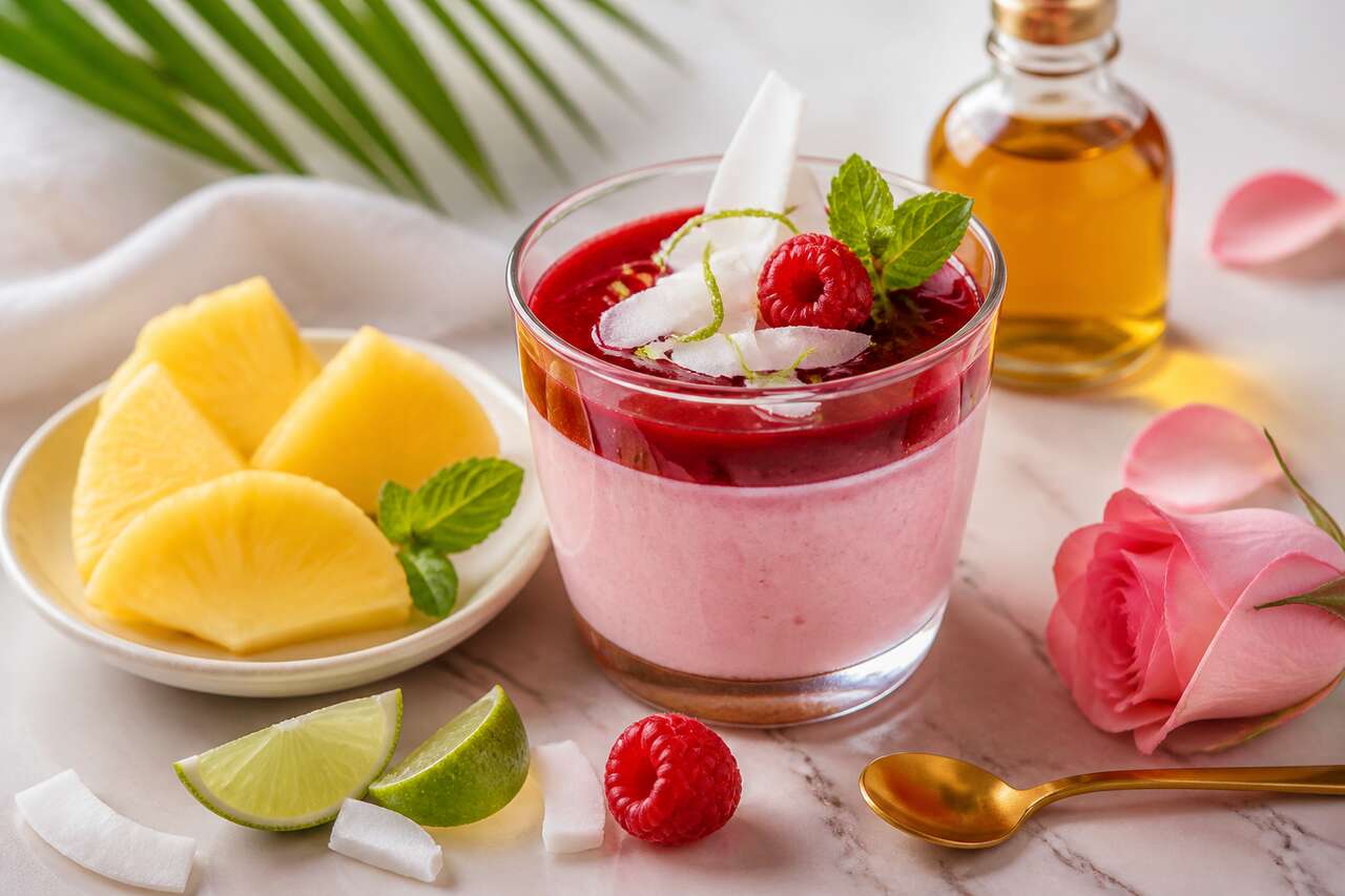 Recette de piña colada revisitée : mousse de framboise et eau de rose