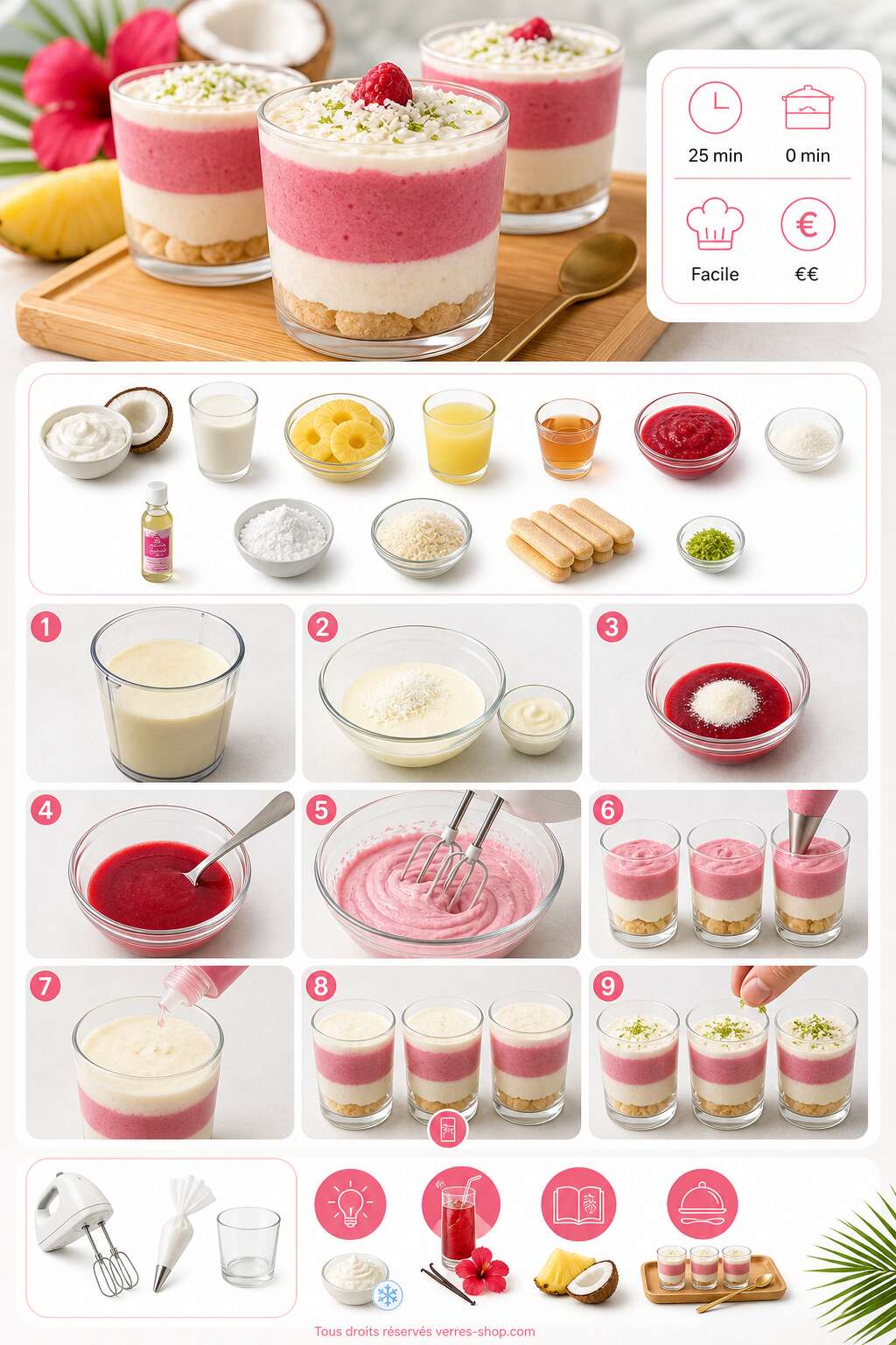 Fiche recette Recette de piña colada revisitée : mousse de framboise et eau de rose Fiche recette Recette de piña colada revisitée : mousse de framboise et eau de rose