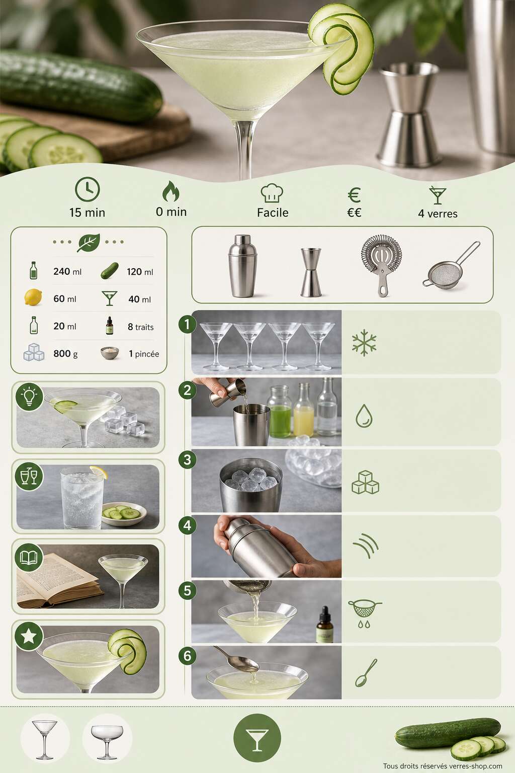 Fiche recette Recette du cucumber martini : le cocktail frais au concombre Fiche recette Recette du cucumber martini : le cocktail frais au concombre