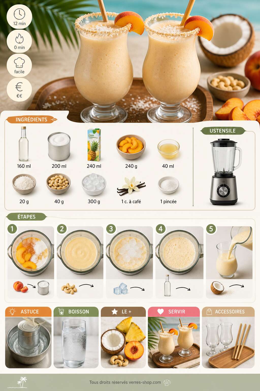 Fiche recette Recette de piña colada à la pêche et aux noix Fiche recette Recette de piña colada à la pêche et aux noix