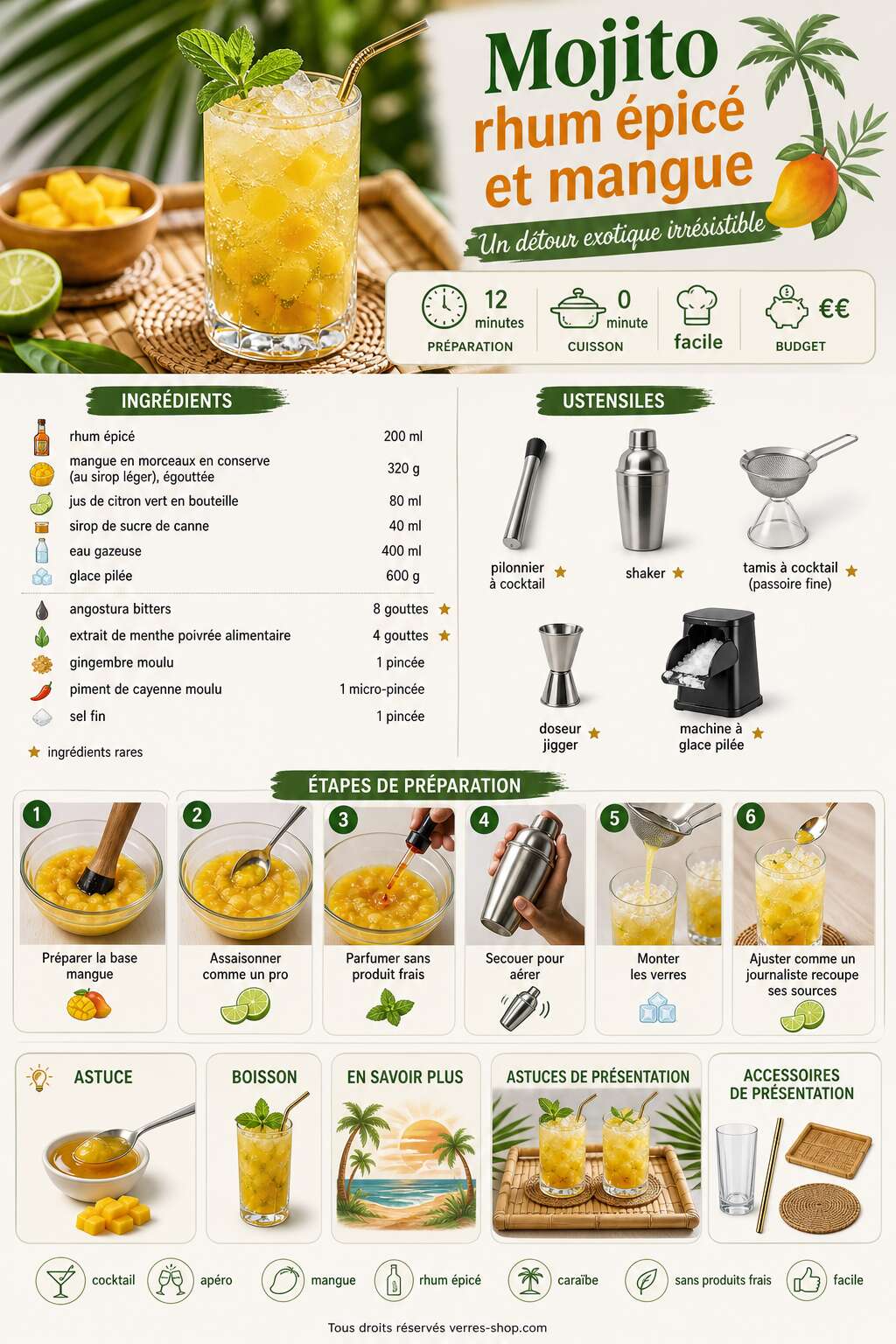 Fiche recette Recette du mojito rhum épicé et mangue : un détour exotique irrésistible Fiche recette Recette du mojito rhum épicé et mangue : un détour exotique irrésistible