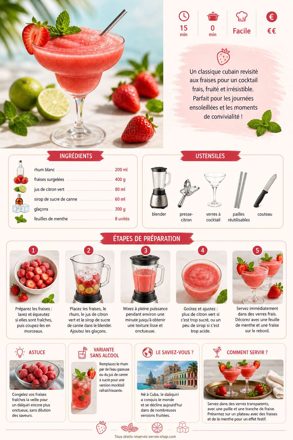 Fiche recette Recette du daïquiri à la fraise : le cocktail fruité incontournable de l'été Fiche recette Recette du daïquiri à la fraise : le cocktail fruité incontournable de l'été