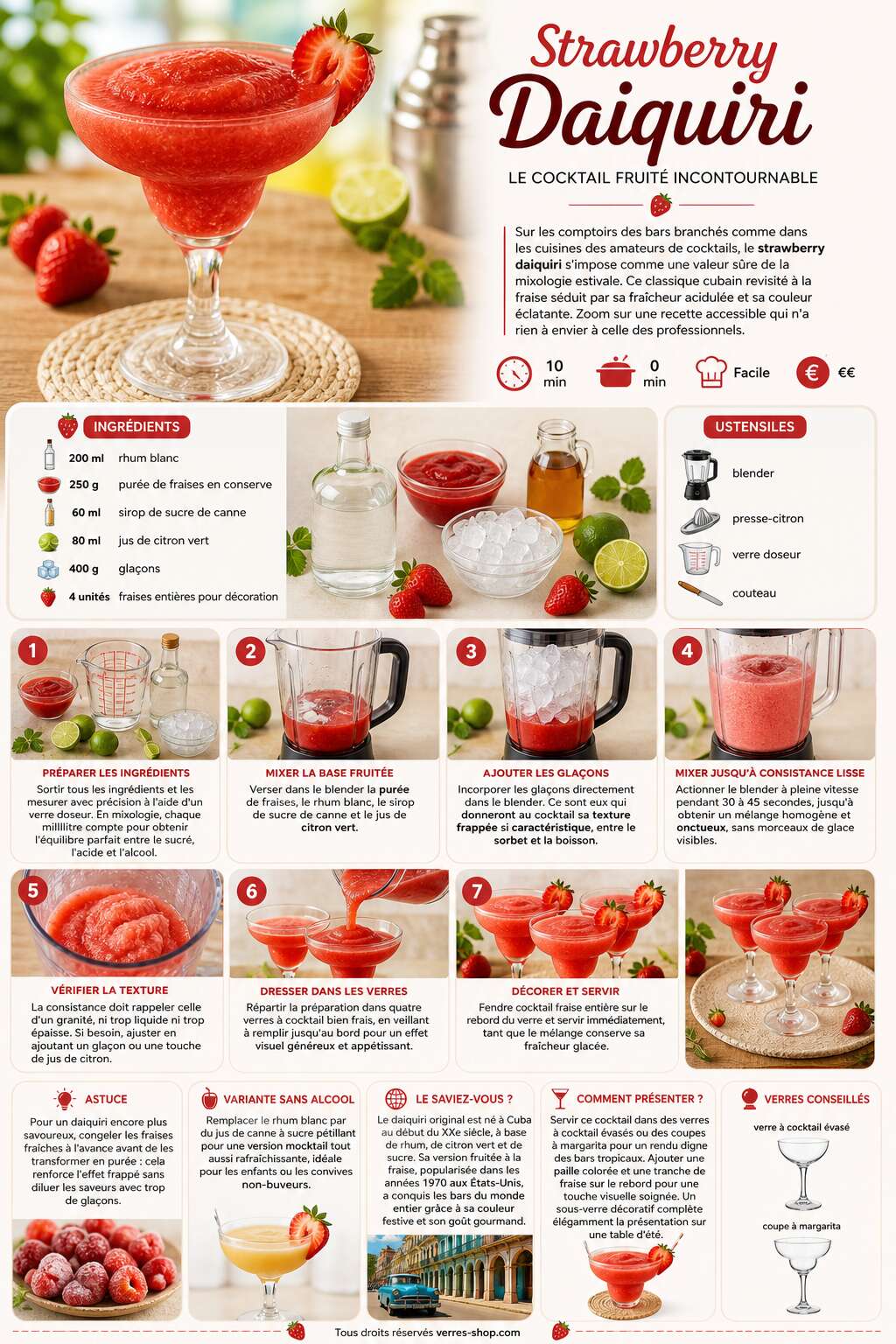 Fiche recette Recette du Strawberry Daiquiri : le cocktail fruité incontournable Fiche recette Recette du Strawberry Daiquiri : le cocktail fruité incontournable