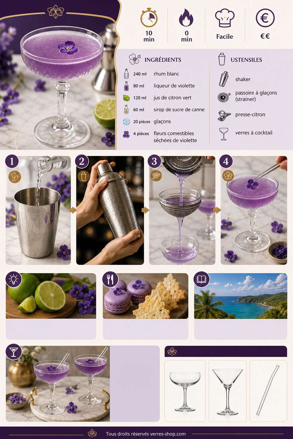 Fiche recette Recette du Daiquiri Violet : le cocktail floral et rafraîchissant Fiche recette Recette du Daiquiri Violet : le cocktail floral et rafraîchissant