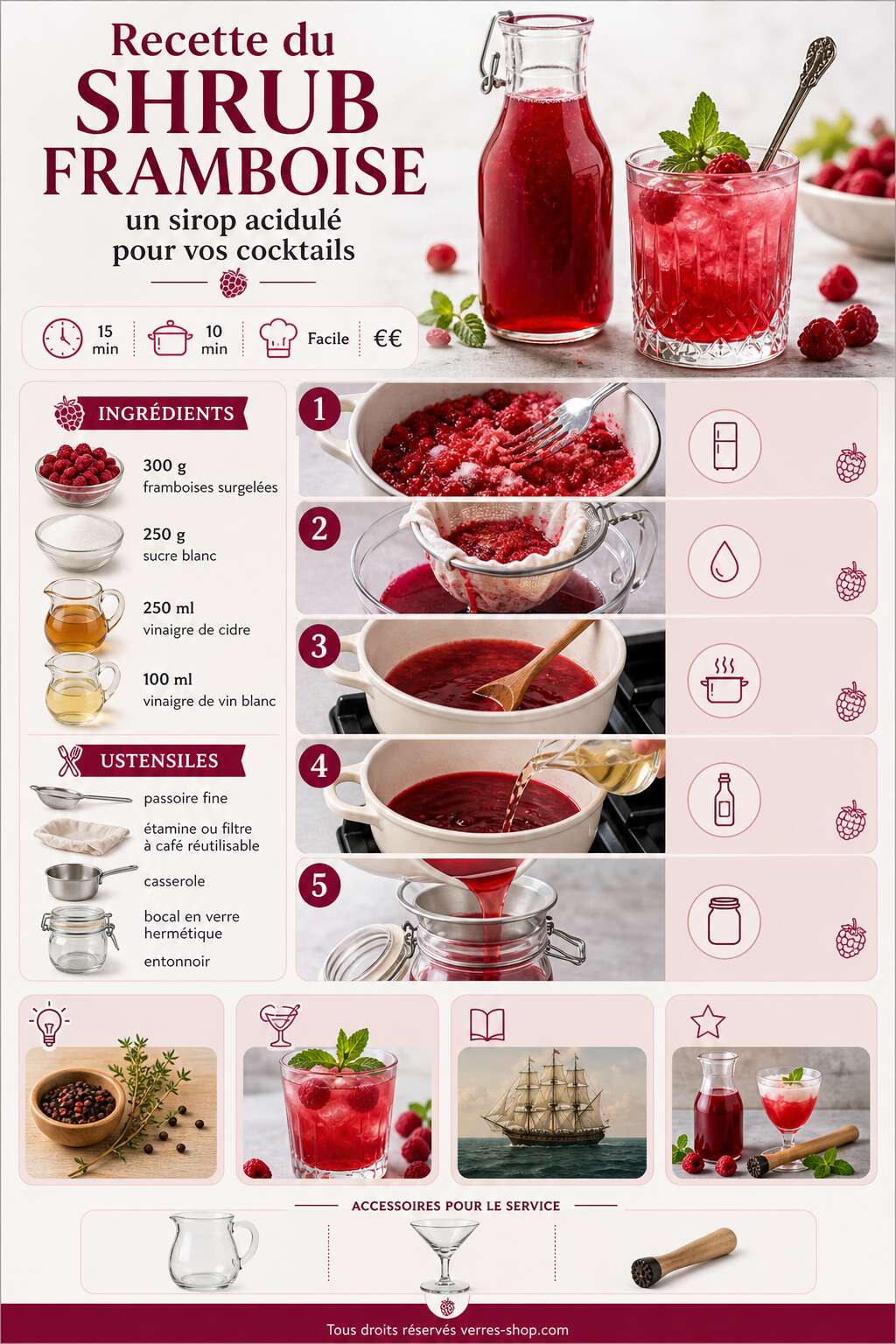 Fiche recette Recette du shrub framboise : un sirop acidulé pour vos cocktails Fiche recette Recette du shrub framboise : un sirop acidulé pour vos cocktails