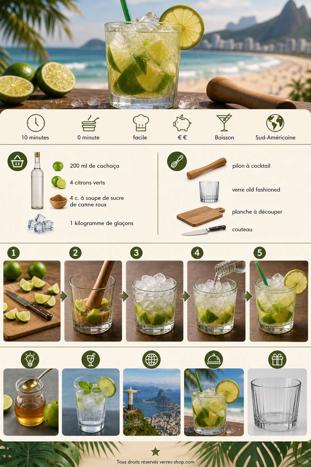 Fiche recette Recette authentique de la caipirinha, le cocktail br&eacute;silien incontournable