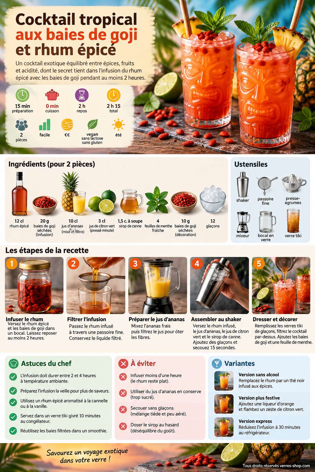 Fiche recette Recette du cocktail tropical aux baies de goji et rhum épicé Fiche recette Recette du cocktail tropical aux baies de goji et rhum épicé