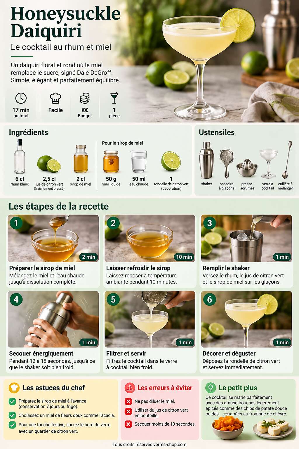 Fiche recette Recette du Honeysuckle Daiquiri : le cocktail au rhum et miel Fiche recette Recette du Honeysuckle Daiquiri : le cocktail au rhum et miel