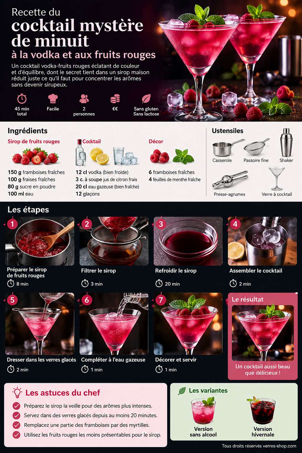 Fiche recette Recette du cocktail mystère de minuit à la vodka et aux fruits rouges Fiche recette Recette du cocktail mystère de minuit à la vodka et aux fruits rouges