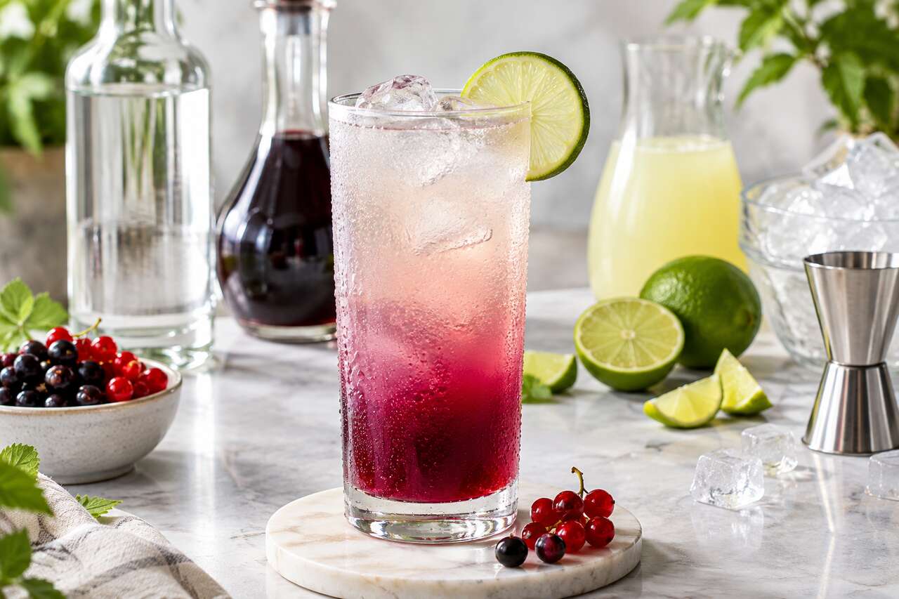Recette du cocktail Arcades au Sourz cassis et vodka