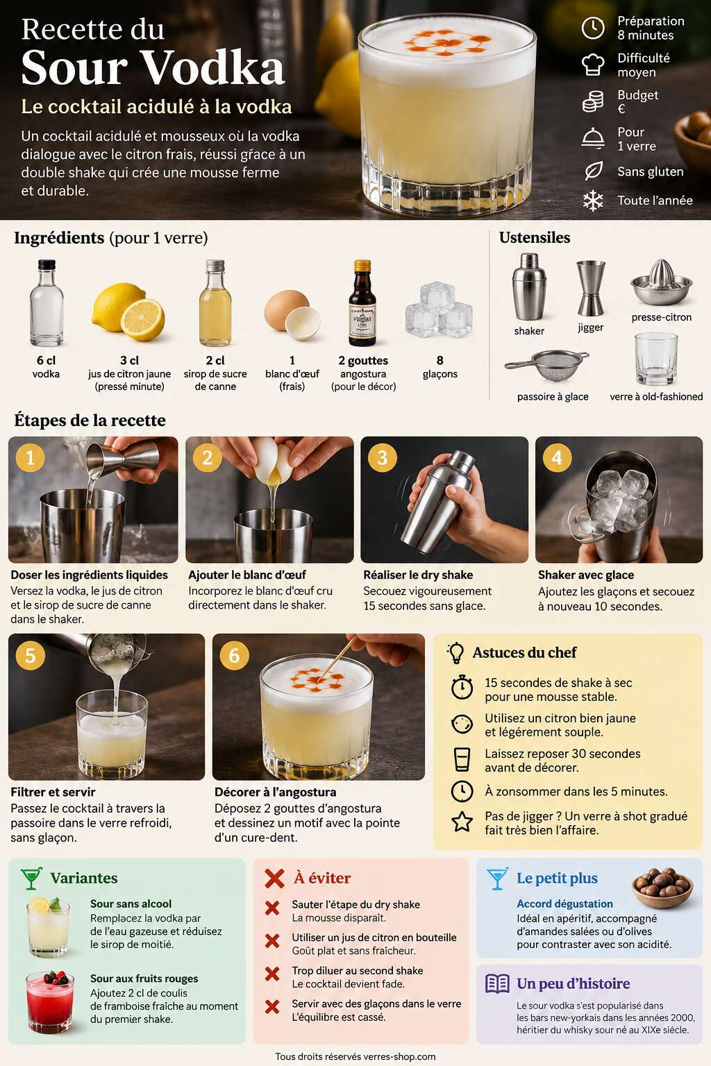 Fiche recette Recette du Sour Vodka : le cocktail acidulé à la vodka Fiche recette Recette du Sour Vodka : le cocktail acidulé à la vodka