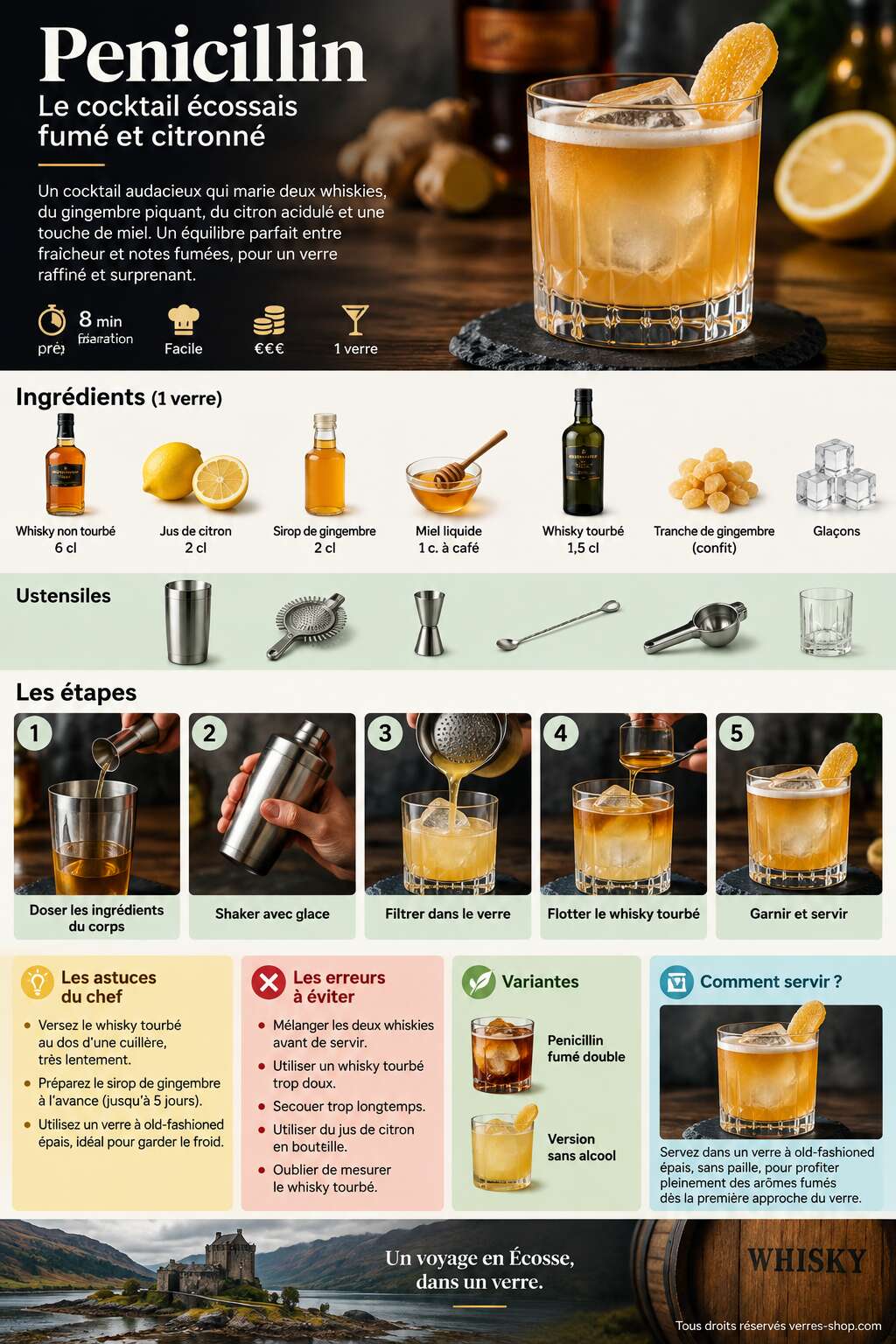 Fiche recette Recette du Penicillin cocktail : le cocktail écossais fumé et citronné Fiche recette Recette du Penicillin cocktail : le cocktail écossais fumé et citronné